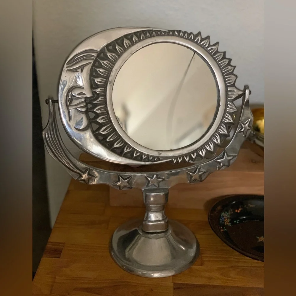 Vtg Moon & Stars Silver Plated Pedestal Make-up Mirror - Picture 1 of 1